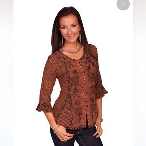 Scully Honey Creek Womens Blouse Copper 100% Rayon Embroidered 3/4 Sleeve